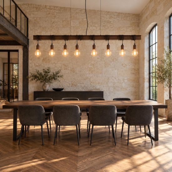 Eglo townshend 4 lampadario 8 luci 150cm lineare marrone invecchiato e nero per sala da pranzo