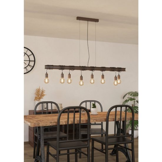 Eglo townshend 4 lampadario 8 luci 150cm lineare marrone invecchiato e nero per sala da pranzo