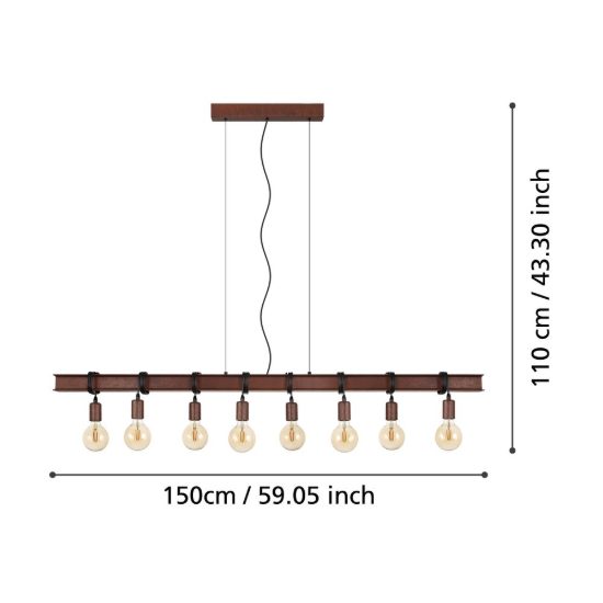 Eglo townshend 4 lampadario 8 luci 150cm lineare marrone invecchiato e nero per sala da pranzo