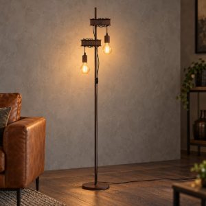 Eglo townshend 4 lampada da terra marrone invecchiato e nero per soggiorno