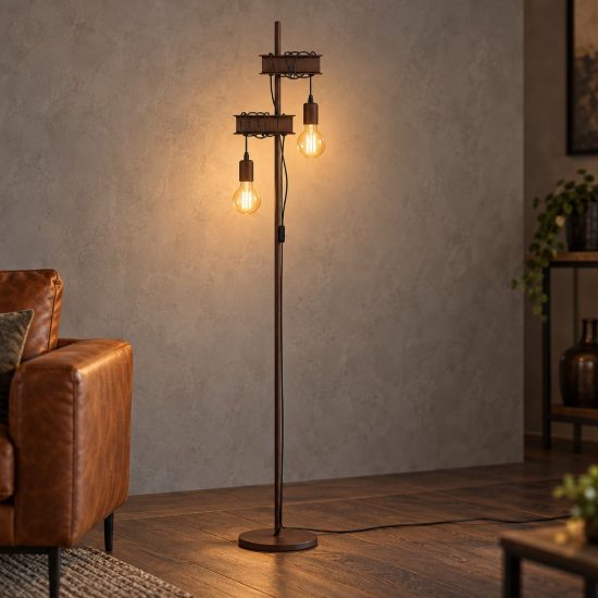 Eglo townshend 4 lampada da terra marrone invecchiato e nero per soggiorno