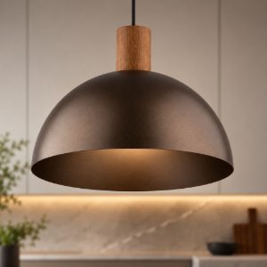 Lampadario cupola marrone in metallo inserti legno pino per cucina