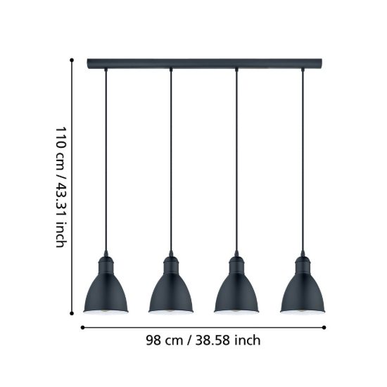 Eglo priddy lampadario lineare nero e bianco per sala da pranzo a sospensione 4 luci 98cm