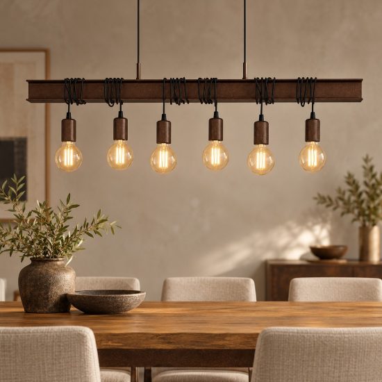Eglo townshend 4 lampadario 6 luci 101cm lineare marrone invecchiato e nero per sala da pranzo