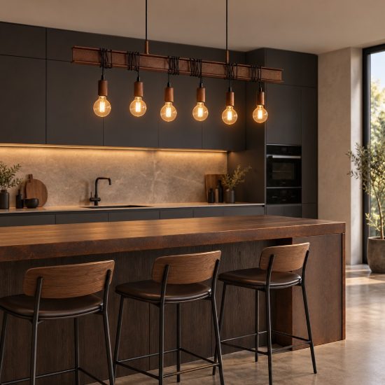 Eglo townshend 4 lampadario 6 luci 101cm lineare marrone invecchiato e nero per sala da pranzo