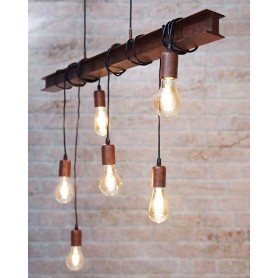 Eglo townshend 4 lampadario 6 luci 101cm lineare marrone invecchiato e nero per sala da pranzo