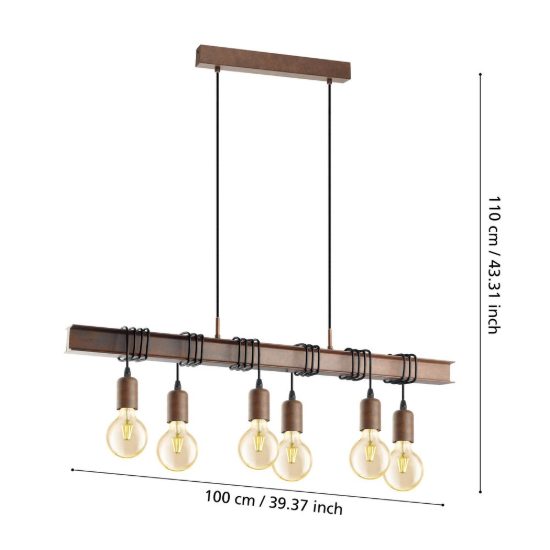 Eglo townshend 4 lampadario 6 luci 101cm lineare marrone invecchiato e nero per sala da pranzo