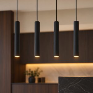 Eglo almudaina lampadario per cucina lineare nero a sospensione led 21.6w 3000k 4 luci 84cm