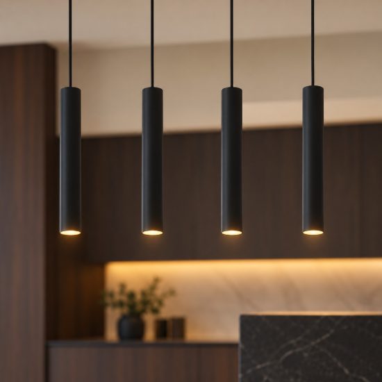 Eglo almudaina lampadario per cucina lineare nero a sospensione led 21.6w 3000k 4 luci 84cm