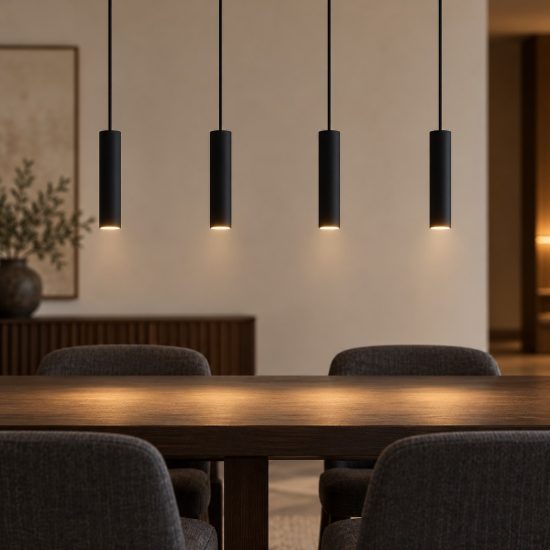 Eglo almudaina lampadario per cucina lineare nero a sospensione led 21.6w 3000k 4 luci 84cm