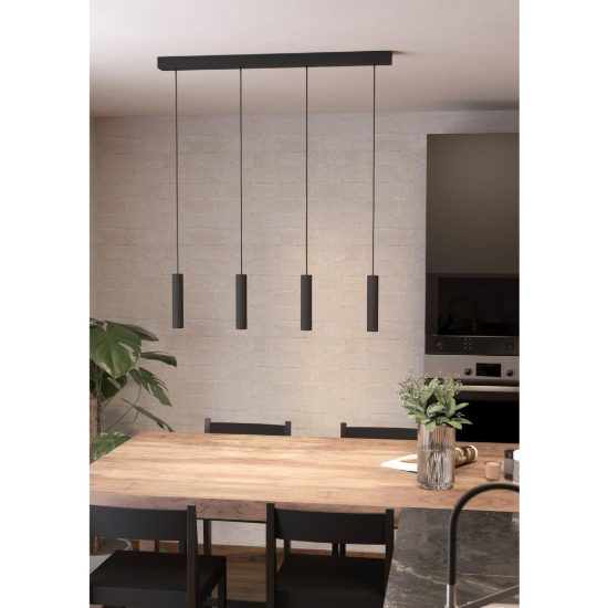 Eglo almudaina lampadario per cucina lineare nero a sospensione led 21.6w 3000k 4 luci 84cm
