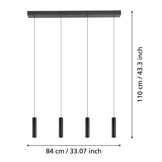 Eglo almudaina lampadario per cucina lineare nero a sospensione led 21.6w 3000k 4 luci 84cm