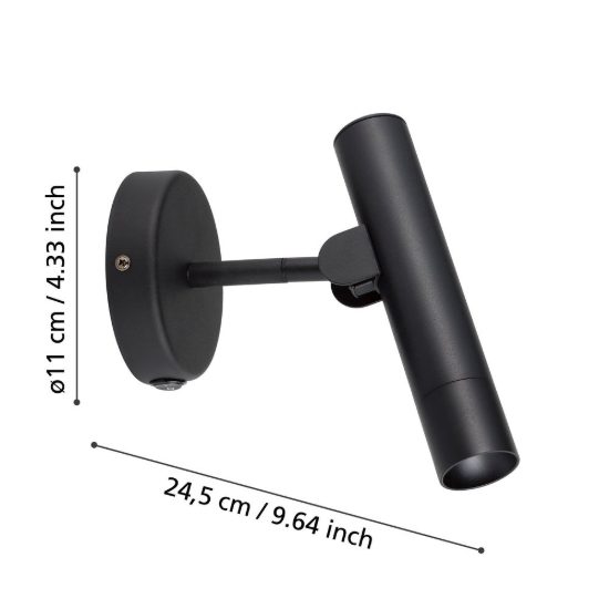 Eglo almudaina applique per comodino camera da letto cilindro nero led 5w 3000k 11cm
