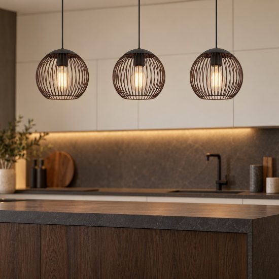 Eglo almanzora lampadario a sospensione per cucina lineare nero rame 3 luci 90cm