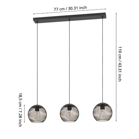Eglo almanzora lampadario a sospensione per cucina lineare nero rame 3 luci 90cm