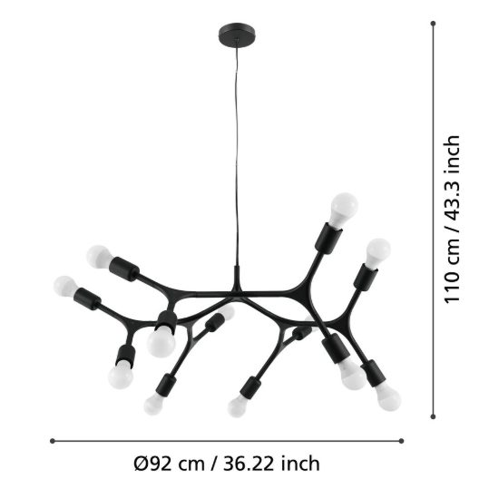 Eglo bocadella lampadario per sala da pranzo rotondo nero a sospensione 12 luci 92cm