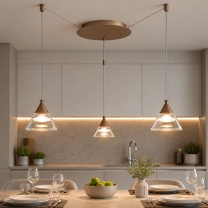 Lampadario per cucina moderno a sospensione conico sabbia led 21w cct 3000k 4000k 3 luci