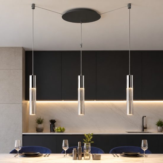 Lampadario per cucina con decentramento 3 luci pendenti moderno alluminio anodizzato led 24w cct 3000k 4000k