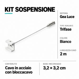 Kit sospensione bianco binari sospesi trifase 1 cavo acciaio 2m con bloccacavo incluso gea luce