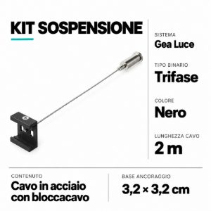 Kit sospensione nero per binario trifase 1 cavo acciaio 2m e bloccacavo gea luce
