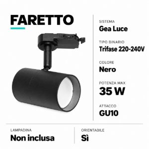 Faretto nero per binario trifase aurai gea luce