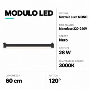 Argo modulo led 60cm nero 3000k per binario monofase