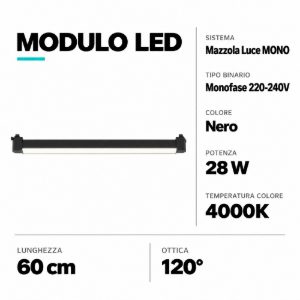 Modulo led 60cm 28w 4000k nero monofase per binario