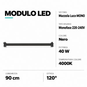 Modulo led nero 90cm per binario monofase 40w 4000k