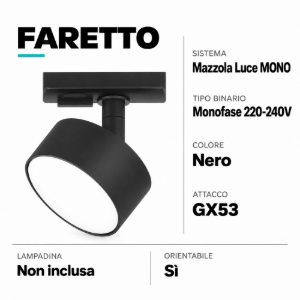 Faretto gx53 led accessorio per binario monofase orientabile nero