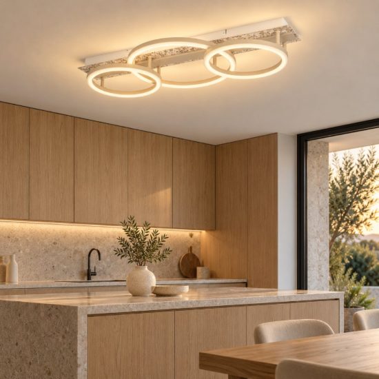 Eglo crispieri plafoniera per cucina moderna tre anelli grigio chiaro led 40w 2700k 68cm