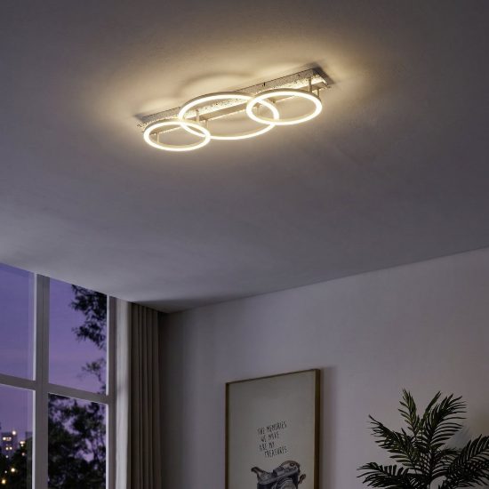 Eglo crispieri plafoniera per cucina moderna tre anelli grigio chiaro led 40w 2700k 68cm
