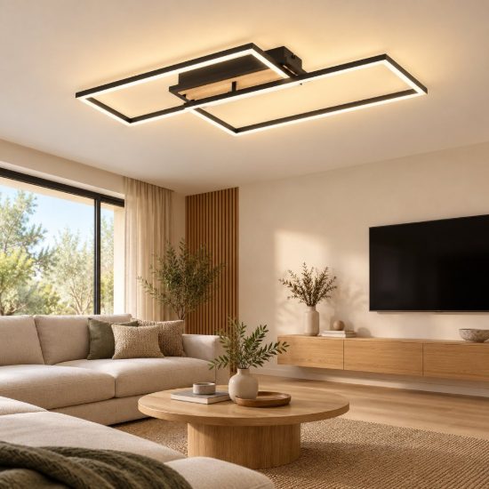 Eglo cembrano plafoniera led 40w 3000k 76cm per soggiorno moderna rettangolare nero e naturale