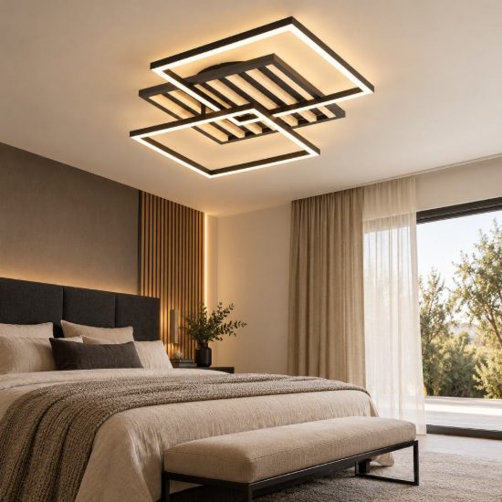 Eglo cembrano plafoniera led 40w 3000k 53cm per soggiorno moderna quadrata nero e naturale