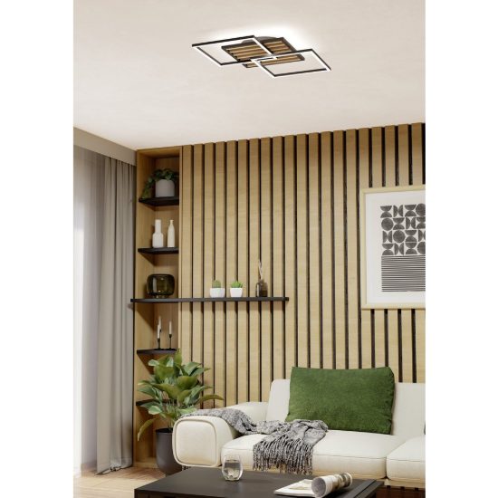 Eglo cembrano plafoniera led 40w 3000k 53cm per soggiorno moderna quadrata nero e naturale