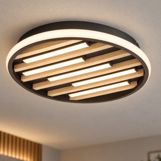 Eglo cembrano plafoniera led 21w 3000k 38,5cm per soggiorno moderna rotonda nero e naturale