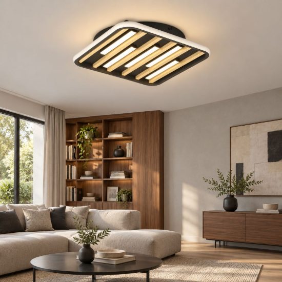 Eglo cembrano plafoniera led 21w 3000k 38,5cm per soggiorno moderna quadrata nero e naturale