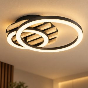 Eglo cembrano plafoniera led 12w 3000k 41cm per soggiorno moderna anello nero e naturale