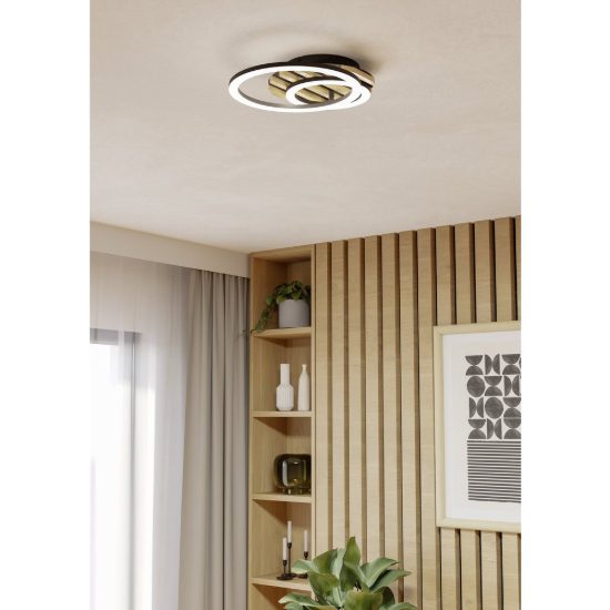 Eglo cembrano plafoniera led 12w 3000k 41cm per soggiorno moderna anello nero e naturale