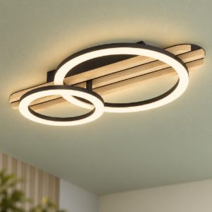 Eglo cembrano plafoniera led 15w 3000k 50cm per soggiorno moderna anello nero e naturale