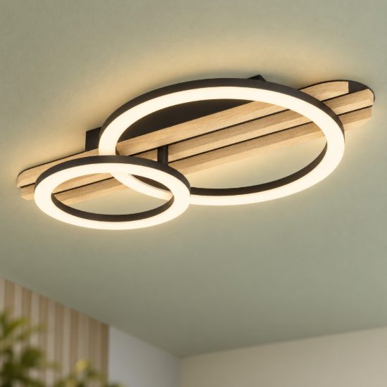 Eglo cembrano plafoniera led 15w 3000k 50cm per soggiorno moderna anello nero e naturale