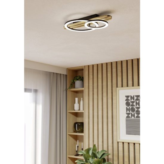 Eglo cembrano plafoniera led 15w 3000k 50cm per soggiorno moderna anello nero e naturale