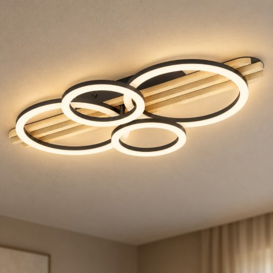 Eglo cembrano plafoniera led 30w 3000k 73cm per soggiorno moderna anello nero e naturale