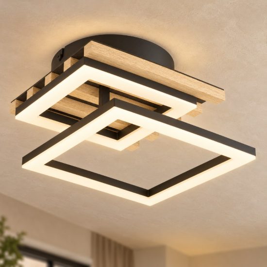 Eglo cembrano plafoniera led 12w 3000k 34cm per soggiorno moderna quadrata nero e naturale