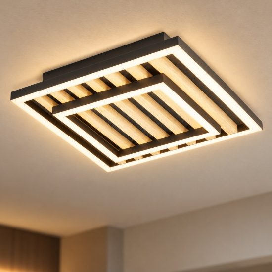 Eglo cembrano plafoniera led 21w 3000k 31,5cm per soggiorno moderna quadrata nero e naturale