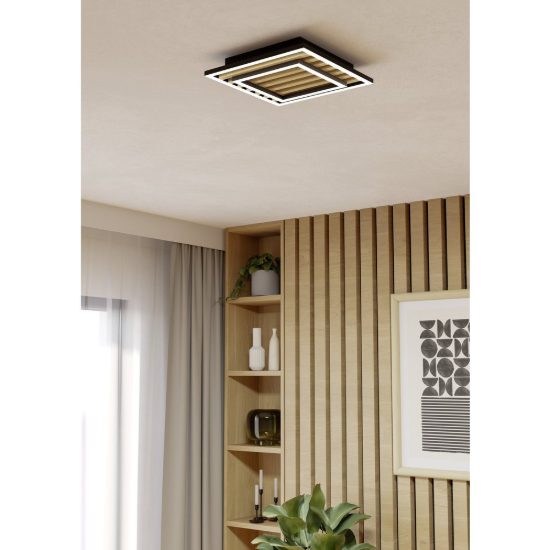 Eglo cembrano plafoniera led 21w 3000k 31,5cm per soggiorno moderna quadrata nero e naturale