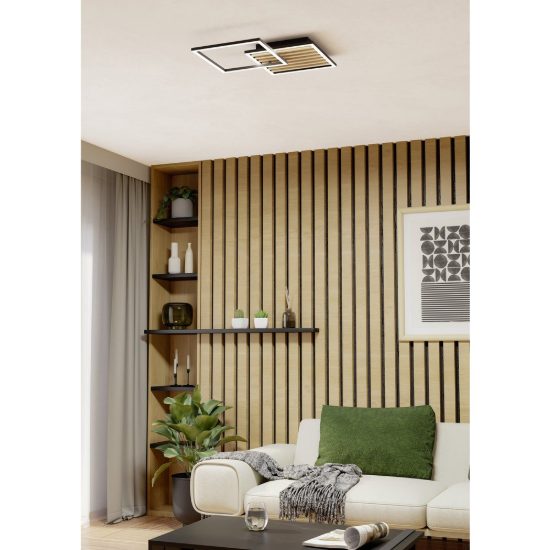 Eglo cembrano plafoniera led 30w 3000k 48,5cm per soggiorno moderna quadrata nero e naturale