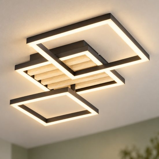 Eglo cembrano plafoniera led 30w 3000k 65,5cm per soggiorno moderna rettangolare nero e naturale