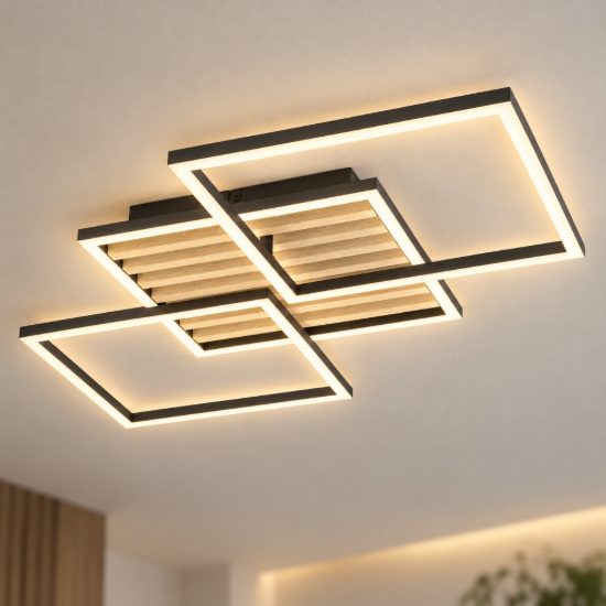 Eglo cembrano plafoniera led 30w 3000k 92,5cm per soggiorno moderna rettangolare nero e naturale