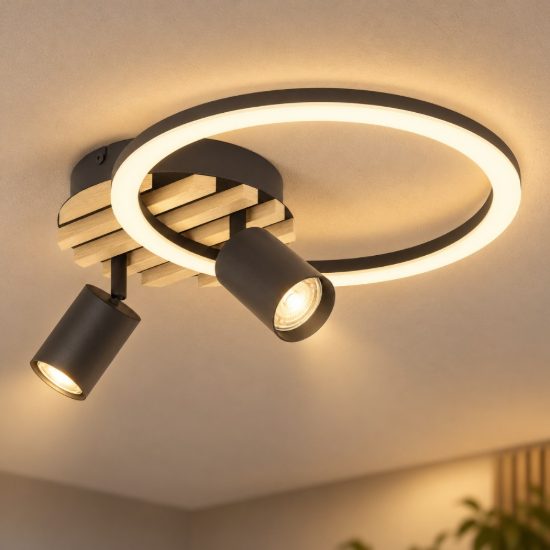 Eglo cembrano plafoniera led 8w 3000k 38,5cm con 2 faretti gu10 orientabili per soggiorno nero e naturale