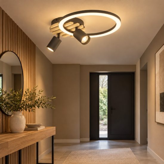 Eglo cembrano plafoniera led 8w 3000k 38,5cm con 2 faretti gu10 orientabili per soggiorno nero e naturale